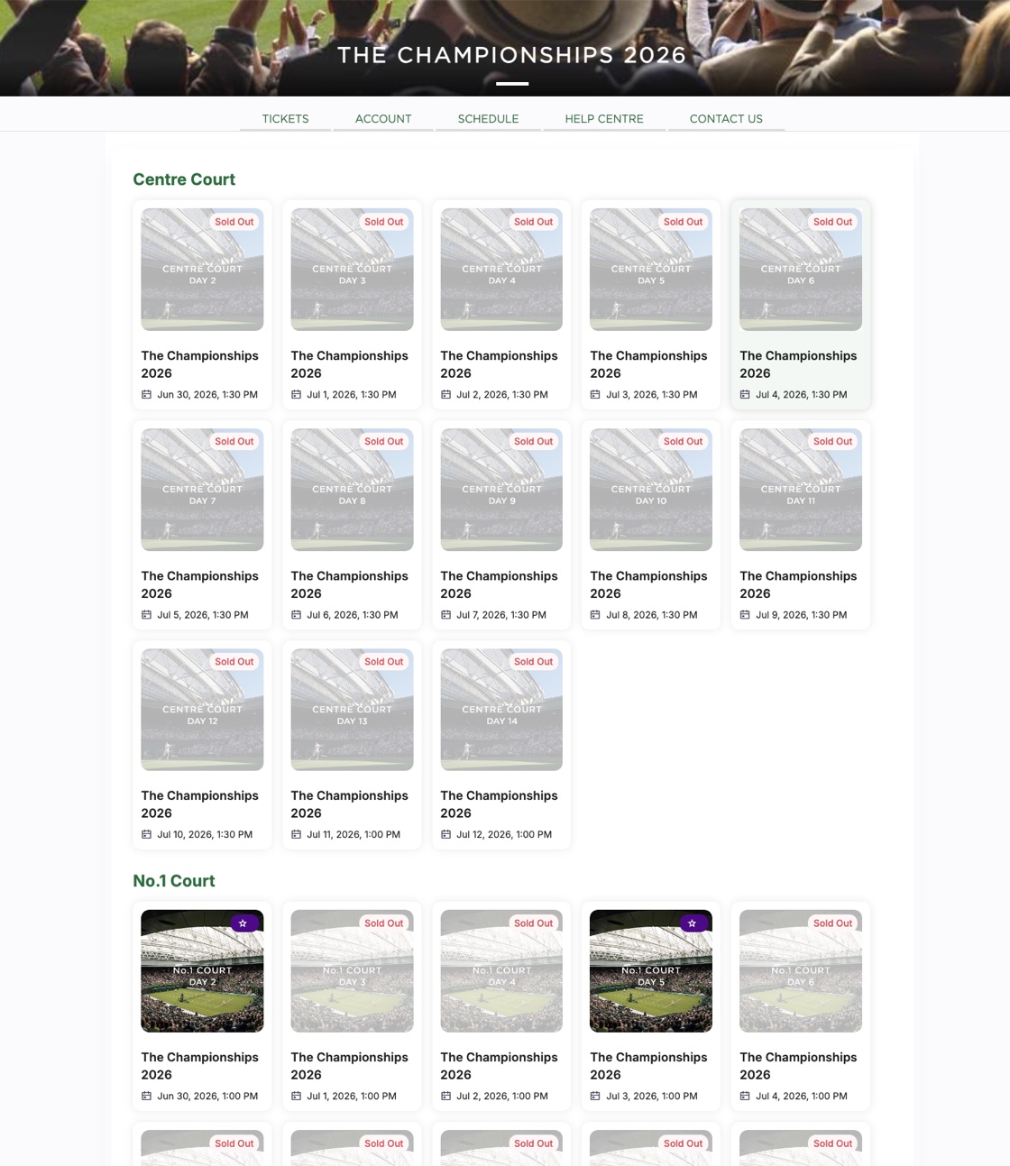 The official Wimbledon online resale shop, listing Centre Court and No.1 Court tickets day by day for The Championships 2026 — most marked Sold Out, with a few available returns.
