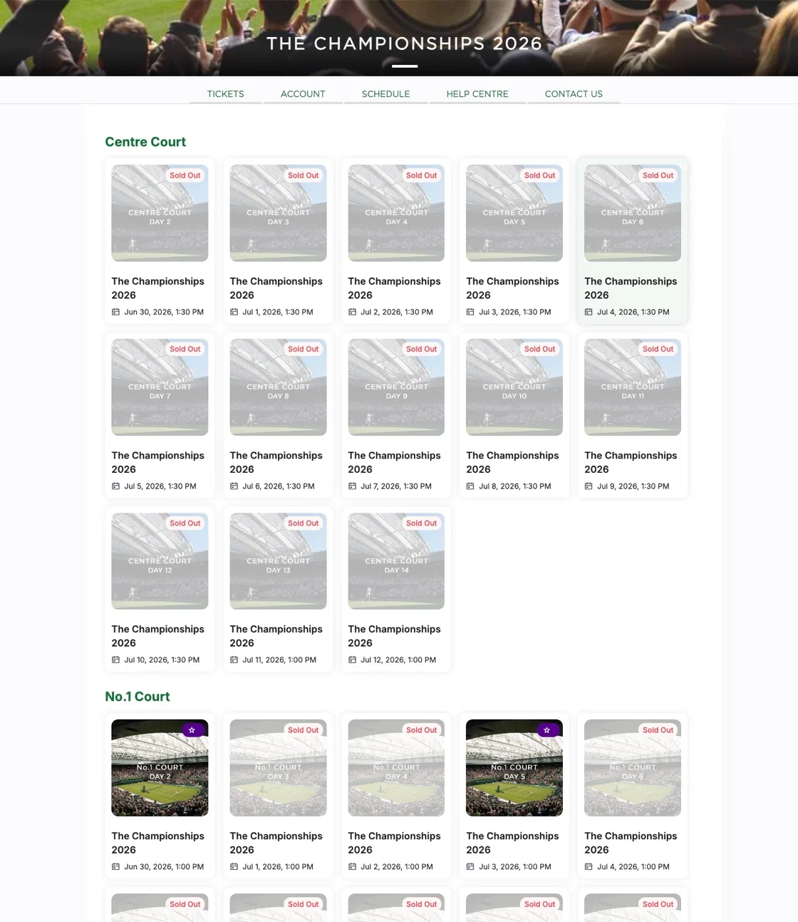The official Wimbledon online resale shop, listing Centre Court and No.1 Court tickets day by day for The Championships 2026 - most marked Sold Out, with a few available returns.